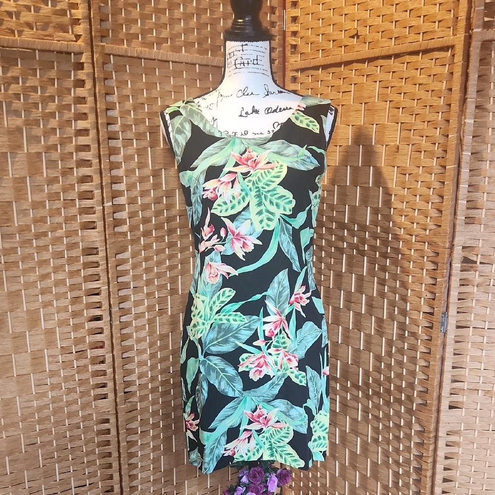 Paradise Found, Vintage,  Orchid Bamboo Black Hawaiian A-Line Tank Short Dress